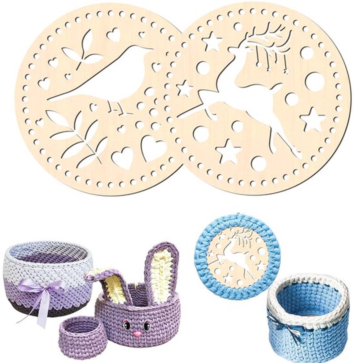 Set van 2 Houten Mandjes, Houten Basis voor Haakmand, Ronde Houten Pad voor Mandjes, voor Weven en Ambachten, Decoratie, Diameter 14 cm (Aa)