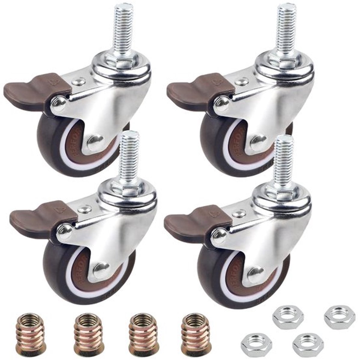 4 stuks transportwielen 50 mm zwenkwiel met rem M10 x 25 mm met schroefdraad draadappel meubelrol remrol capaciteit 108 kg in totaal rubberen rol voor kleine apparaten