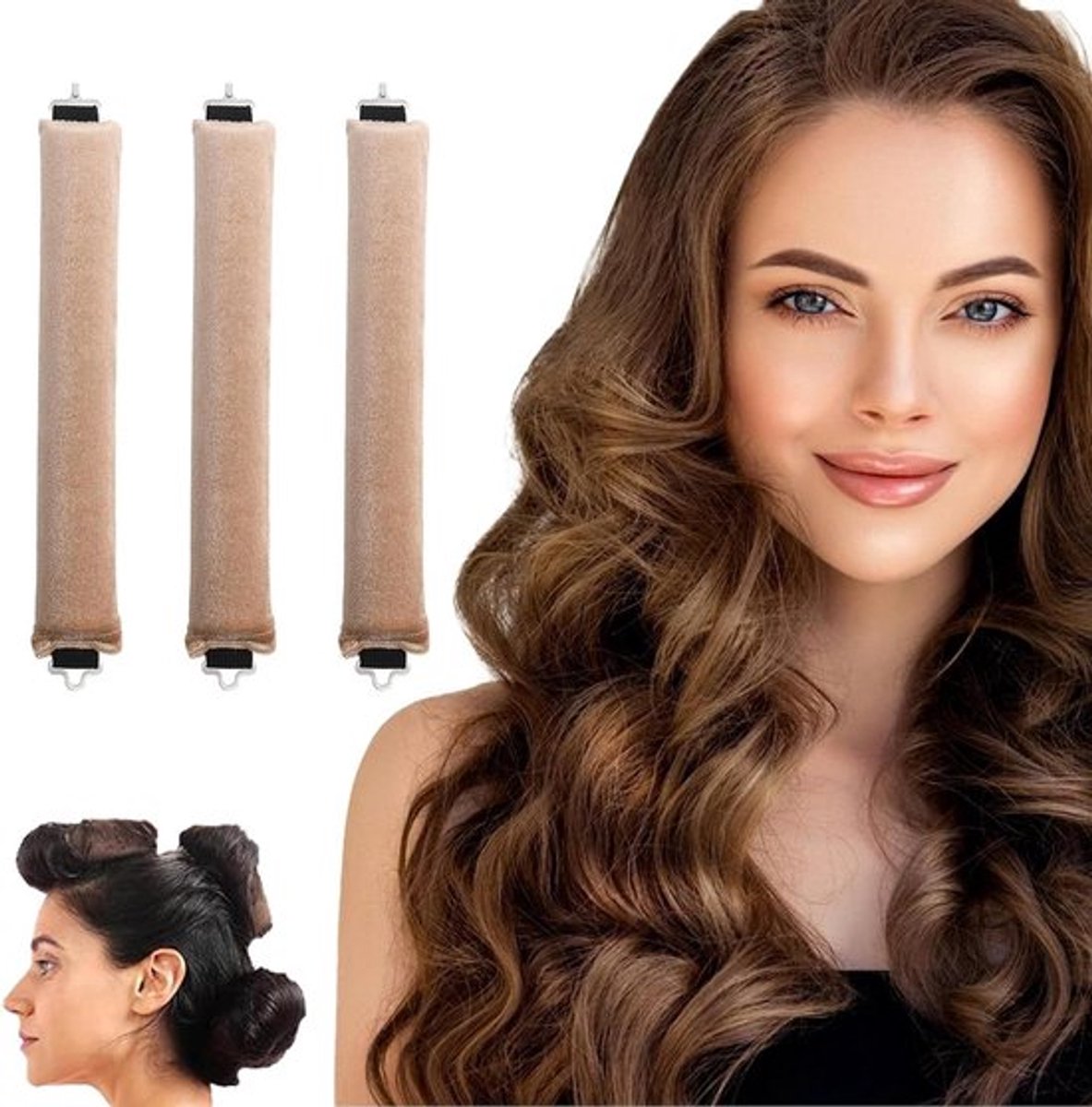 Krulspelden zonder warmte - Flexibele haarkrullers met haak - Haarrollers voor alle haartypes - Krulspelden om mee te slapen - Hittevrije krullen in één nacht - 3 stuks kaki .