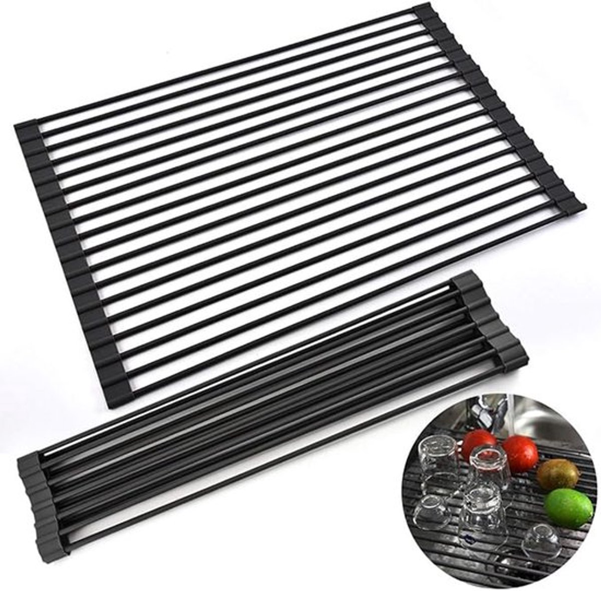 Afdruiprek Oprolbaar - 52 X 33 Cm - Afdruiprek - Afwasrek - Oprolbaar Vaat Droogrek - Oprolbaar Silicone Vaat Droogrek - Hittebestendig Afwasrek - Afdruipmat - Keukenrek 3-in-1 - Zwart