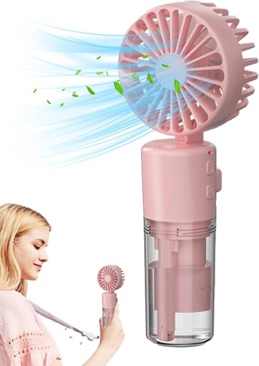 Handventilator met Mist - Vernevelaar Ventilator - Buiten Koelen - Vier Snelheden - 16 cm - Roze
