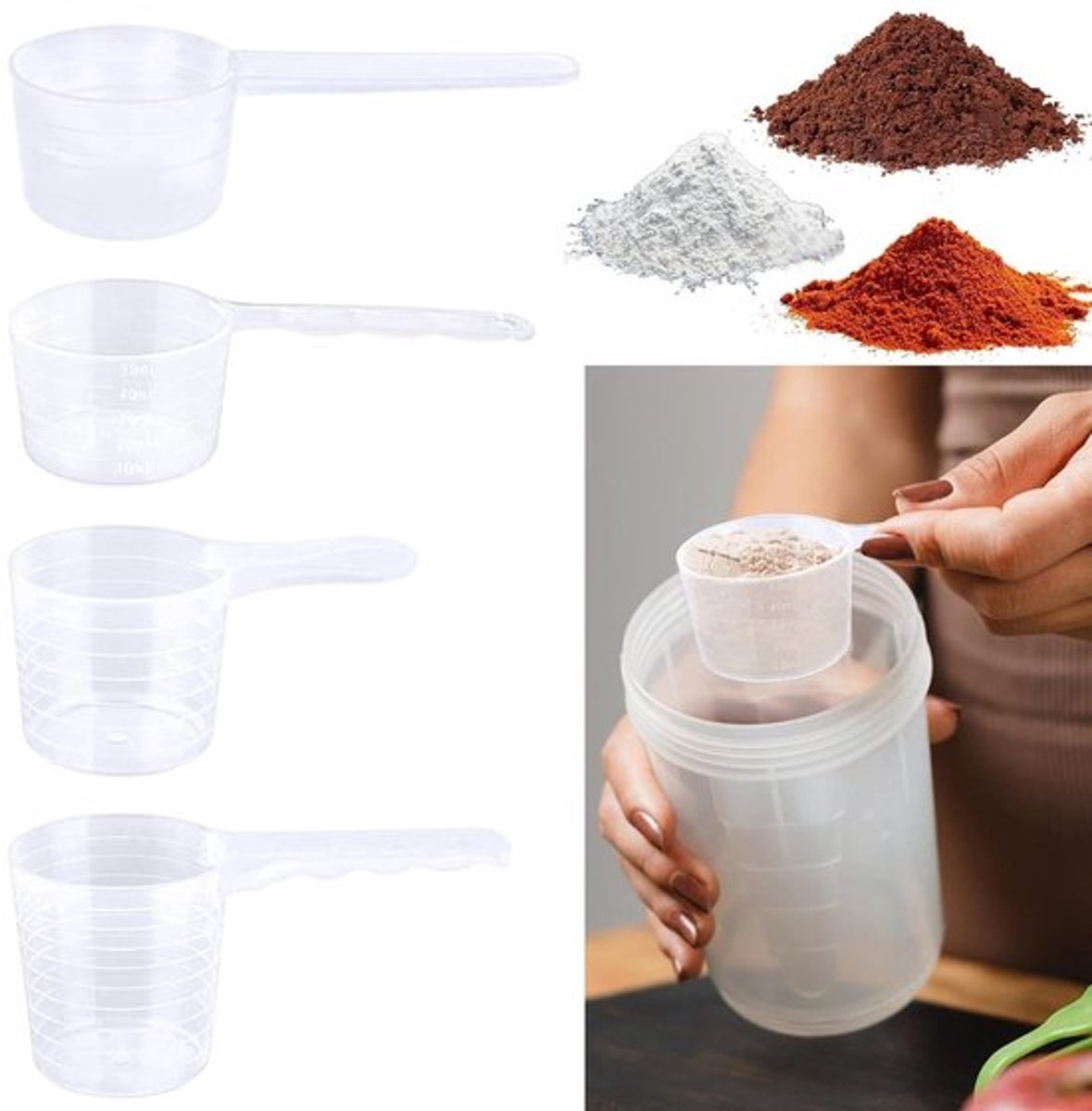 Maatlepels voor Poeders en Vloeistoffen - 4 stuks - kunststof - 100ml, 70ml, 50ml, 40ml