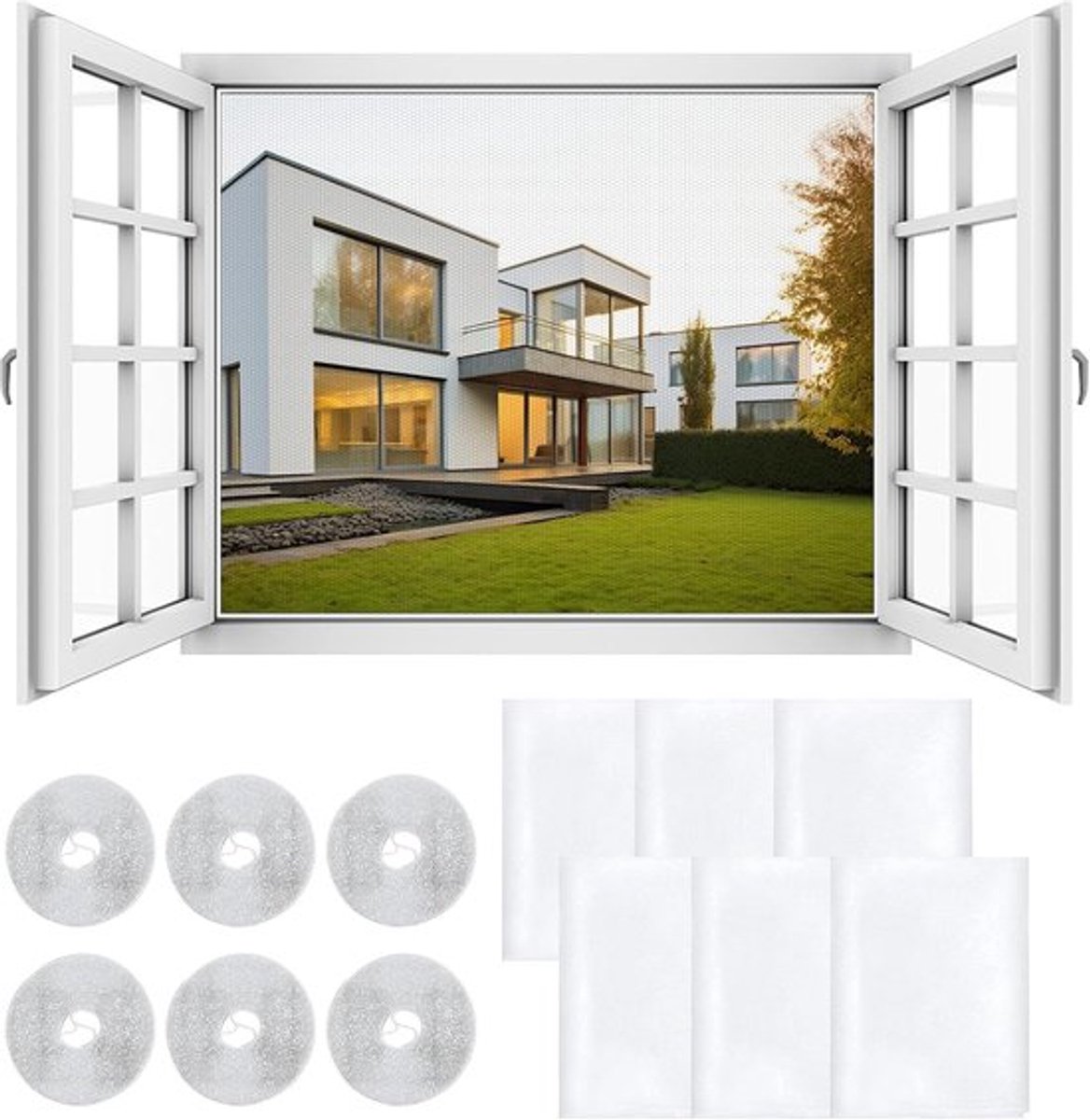 Set van 6 muskietennetten voor ramen, kan op maat worden geknipt voor insectbescherming, 1,3 x 1,5 m, met plakstrips voor bevestiging, vliegenhor, muskietennetten, plakband, wit