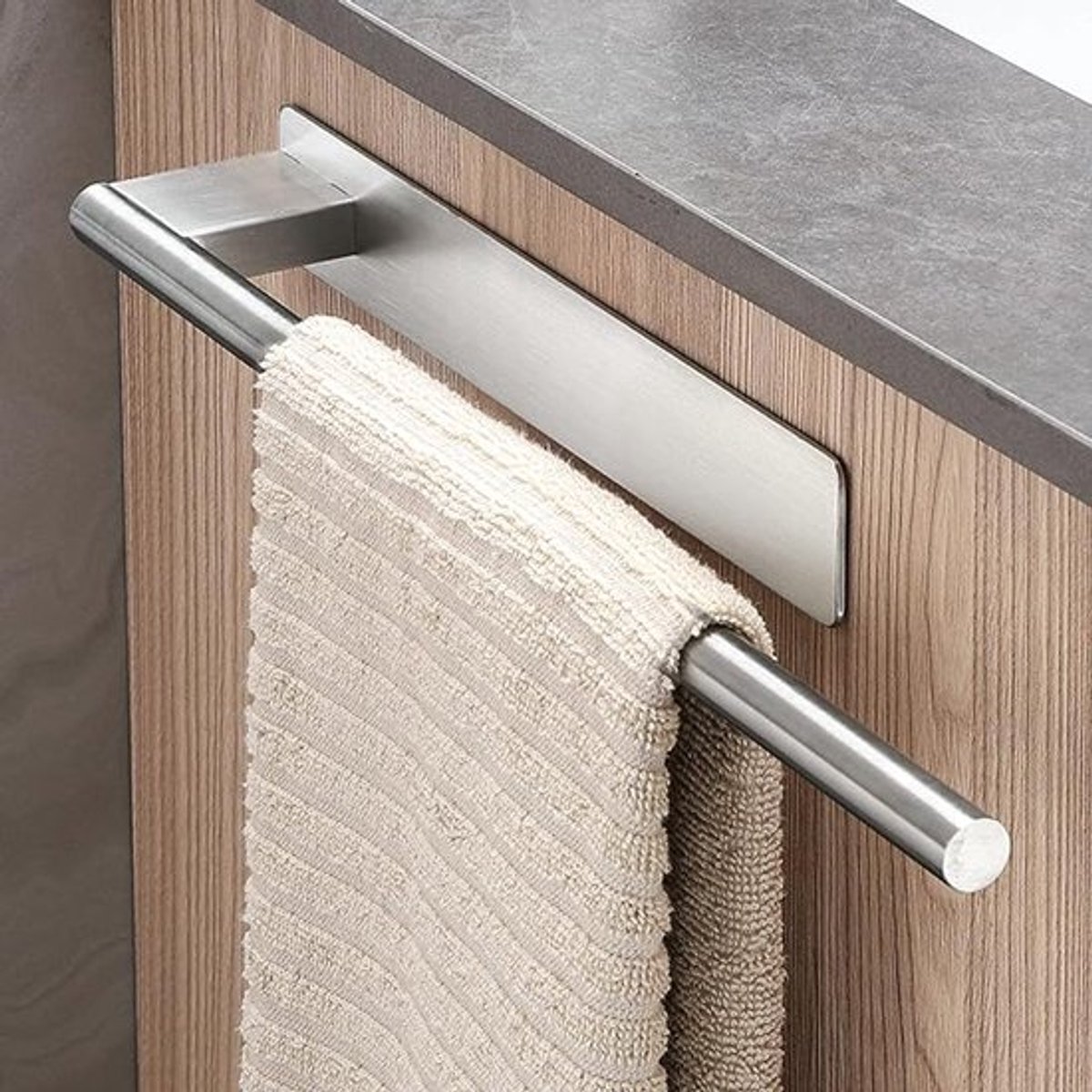 Handdoekrek zonder boren, roestvrij staal 304, geborsteld zilver, enkele arm, zelfklevend, geschikt voor badkamer en keuken