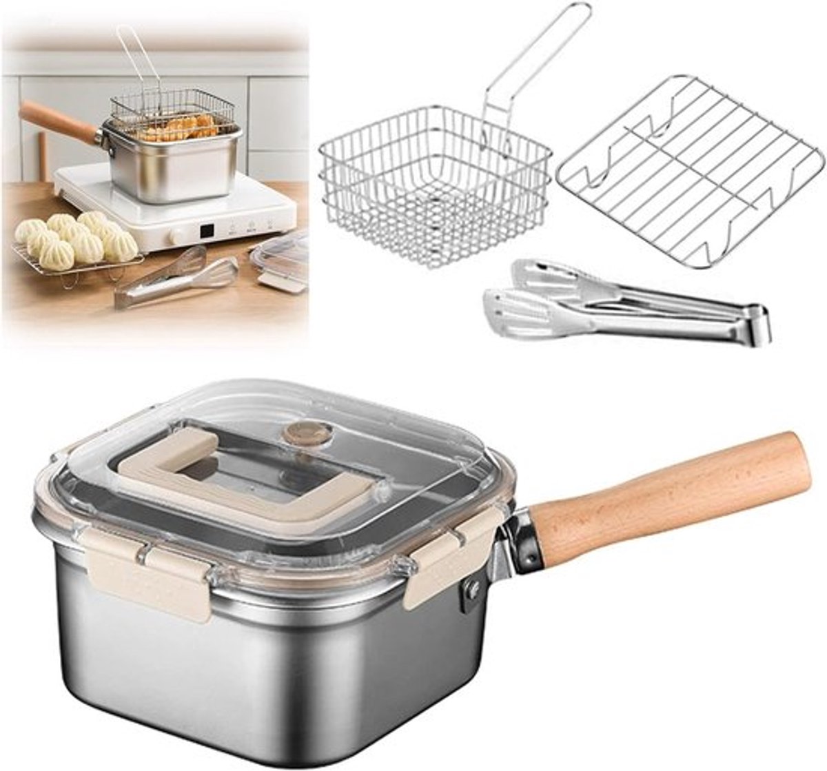 Friteuseset - 2500 ml - 20,5 × 20,5 × 11.5 cm - Inclusief een vierkante friteuse met transparant deksel, frituurmandje, oliezeef en frituurtang - Afneembaar handvat - Roestvrij staal - Geschikt voor thuis, kamperen en picknicks - Zilver