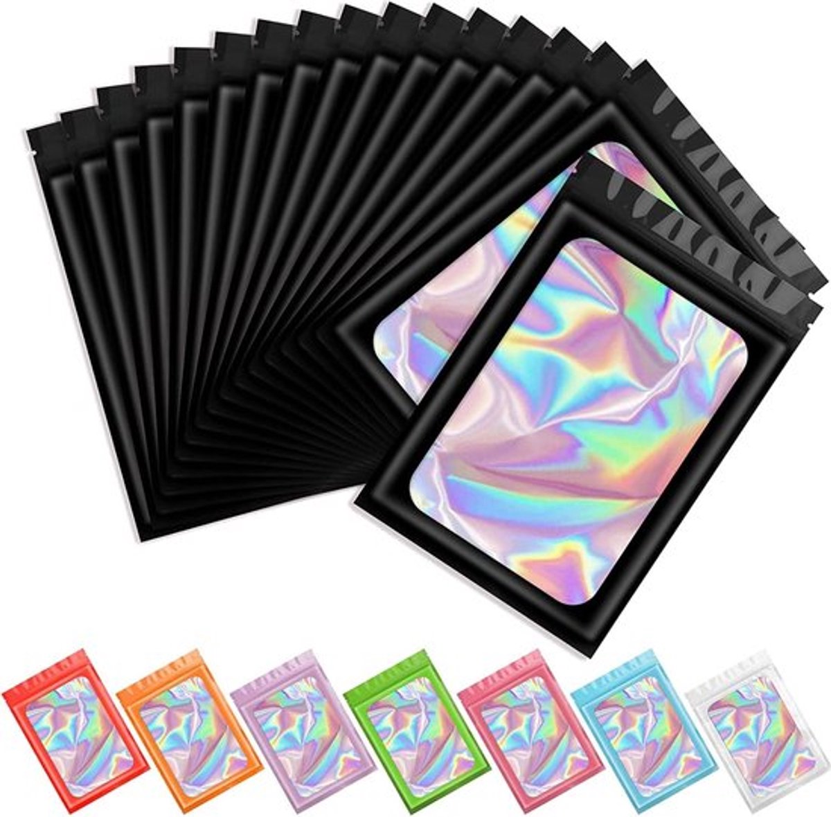 100 stuks geurbestendige mylar zakken holografische verpakkingszakken, hersluitbare geurbestendige zakken folie zakje ziplock zakken voor voedsel opslag en lipgloss, sieraden, wimper verpakking - zwart - 13x21cm