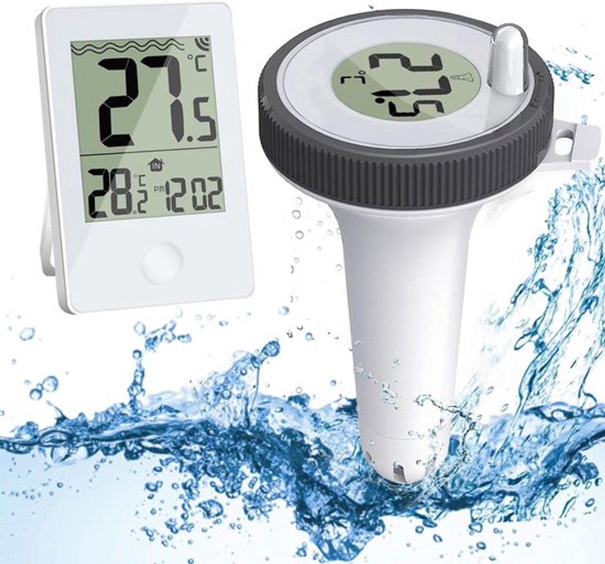 Zwembadthermometer - Watertemperatuurmeter - Draadloos drijvend - Draadloze digitale drijvende zwembadthermometer - Gemakkelijk af te lezen buiten-/binnentemperatuurmonitor - Voor zwembaden, bubbelbaden, kleine vijvers, aquaria - Wit