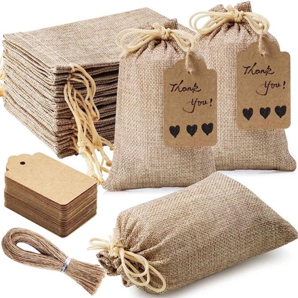 Jute zakken 10 x 14 cm - Katoenen cadeauzakjes met trekkoord - Jute zakkenset, kleine bedankzakjes + giveaway-labels en touw - Feestzakjes, Kerstmis, Feestdagen, Kinderfeestjes, Koffie, DIY knutselzakjes - 50 stuks