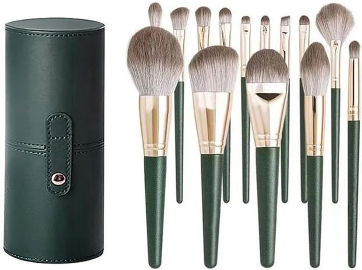 14-delige professionele make-upkwastenset met luxe groene handvatten, cilindrische behuizing, zachte synthetische haren, gouden afwerking