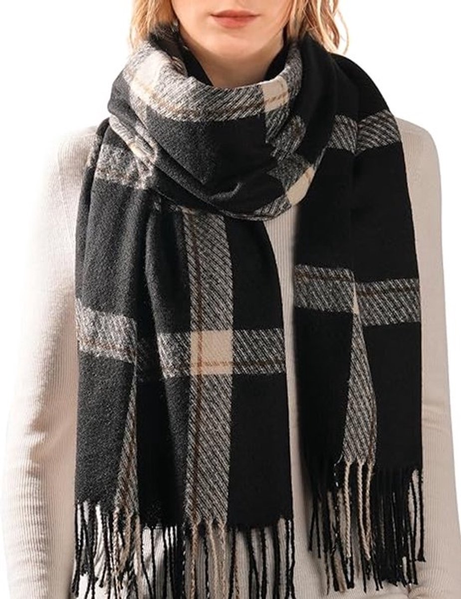 Wintersjaal voor dames - Sjaal - Kasjmiertextuur - Kwastjesruit - Oversized sjaal/sjaal-gebroken wit-zwart