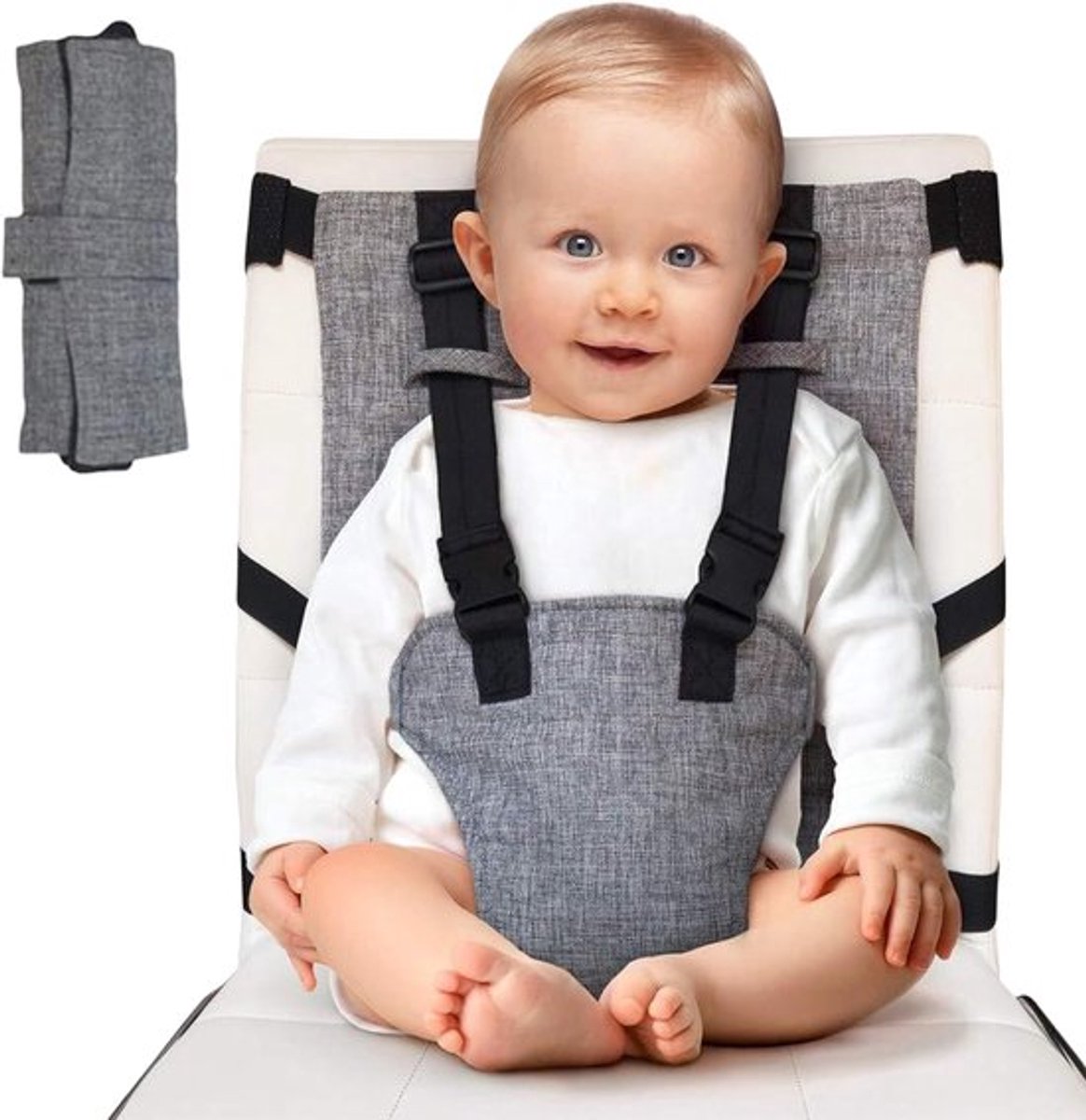 Veiligheidsgordel - Riemen voor reisstoel voor baby's - Riemen voor draagbare stoel - Opvouwbare riempjes voor zitverhogers - Riemen voor babyzitjes - Riemen voor zitverhogers voor tafel en reizen - 6-36 maanden - Grijs
