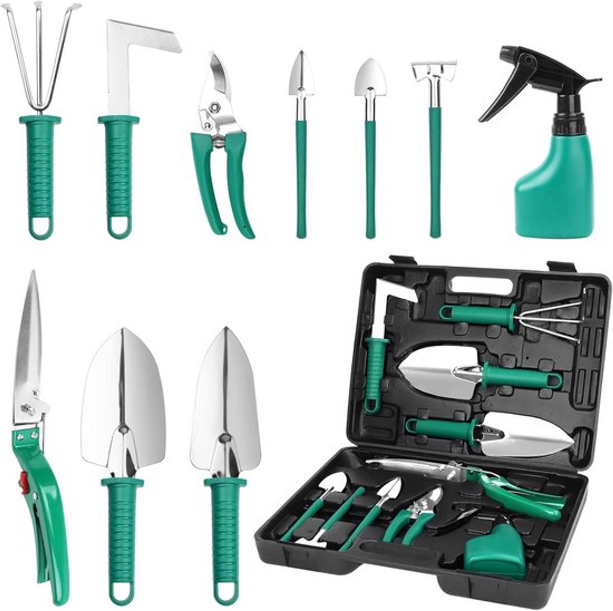 10-delige tuingereedschapset met draagtas, inclusief transplanter, hark, snoeischaar, grasschaar, schop en watersproeifles, tuingeschenkset