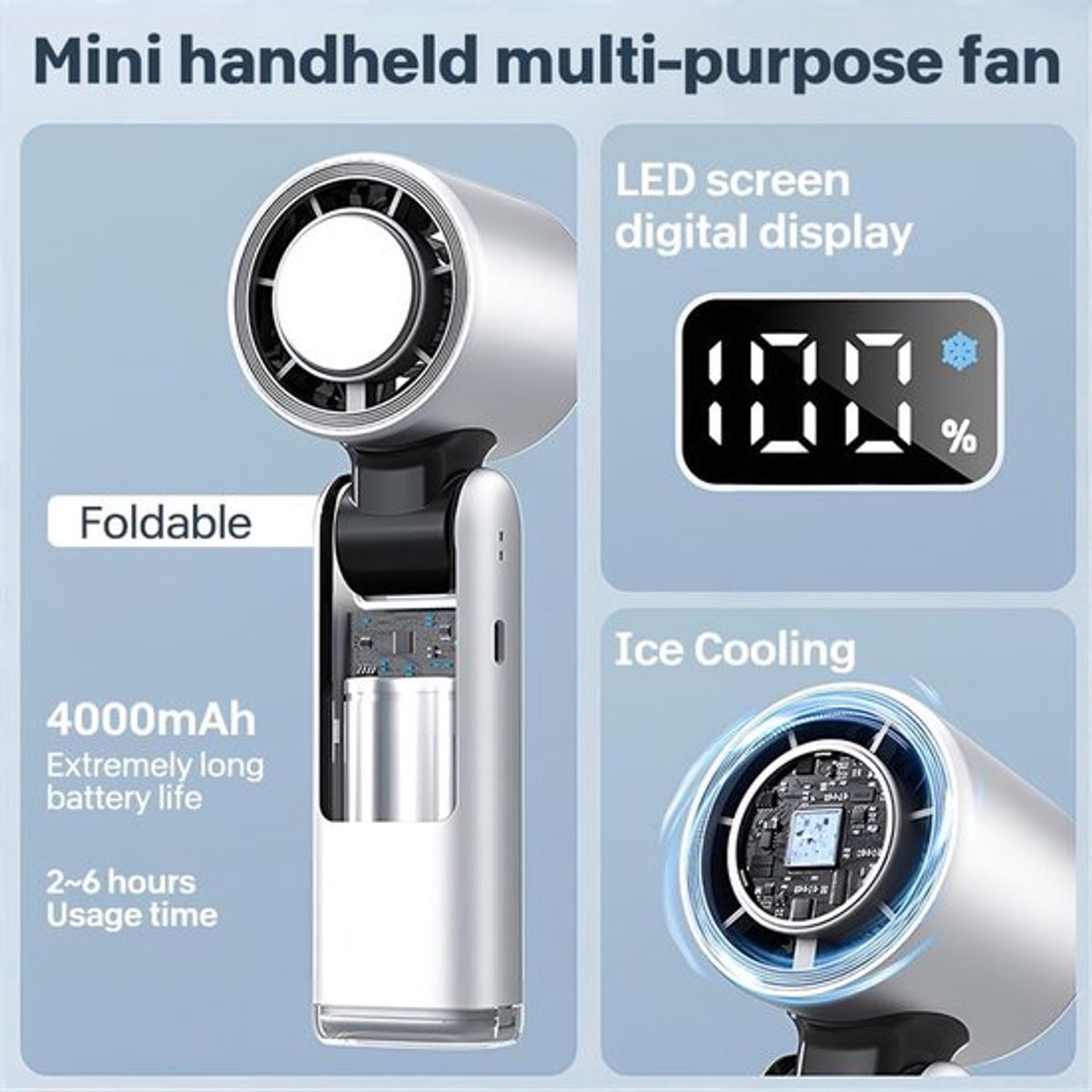 Handventilator - Oplaadbare handventilator (1-199 niveaus) Handventilator met water - Ventilator - LED digitaal display - 3-in-1 opvouwbare ventilator - Ideaal voor op reis - Kamperen - Buiten - Kantoor (wit)