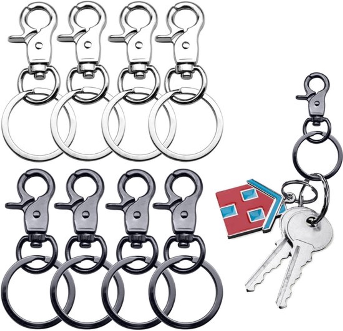 8 stuks gesp met draaibare gesp, met 8 sleutelhangers, karabijnhaak, sleutelhanger, karabijnhaak met draaibaar oogje, kleine karabijnhaak, uniseks, kettingsluiting voor honden, gesp