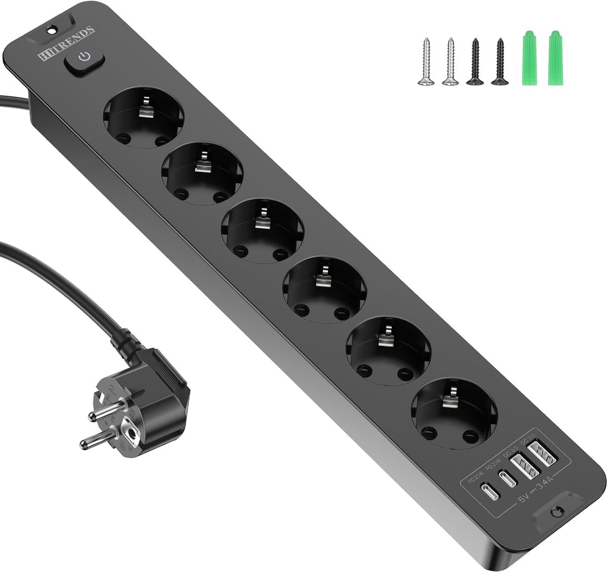 SnelShoppen - 6-Way Flush Socket Tafelstopcontact met USB-A en USB-C, 2 m Verlengsnoer, Ingebouwd Stopcontact voor Thuis en Kantoor (Zwart)