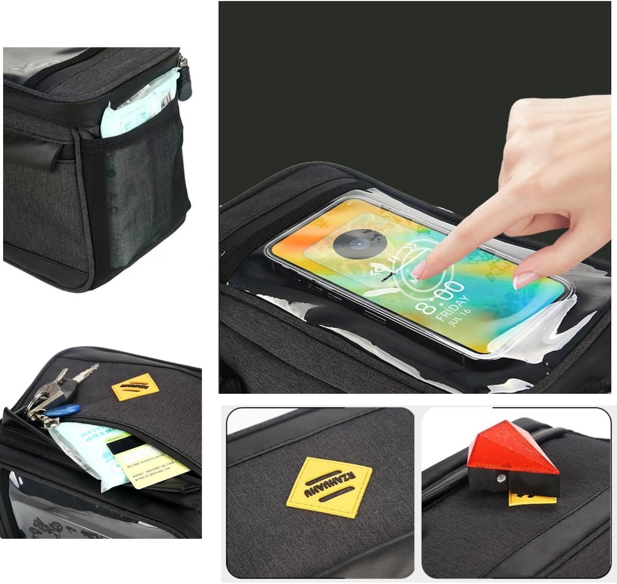 SnelShoppen - Waterproof Fietsstuur Tas, Fiets Accessoires, Frame Tas, Zwart, Casual, 3-Punts Bevestiging, Geschikt voor Mountainbikes en Vouwfietsen