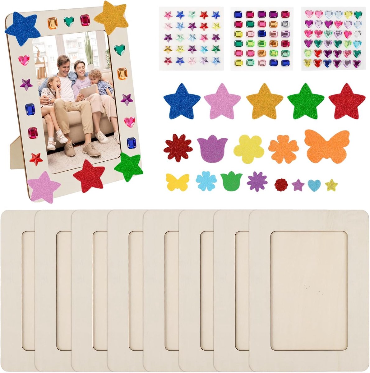 SnelShoppen - Pack van 8 Kinder Fotolijsten 19x14 cm - Houten Fotolijsten met Zelfklevende Glitter Steentjes - Creatieve Knutsel Lijsten voor Kinderen