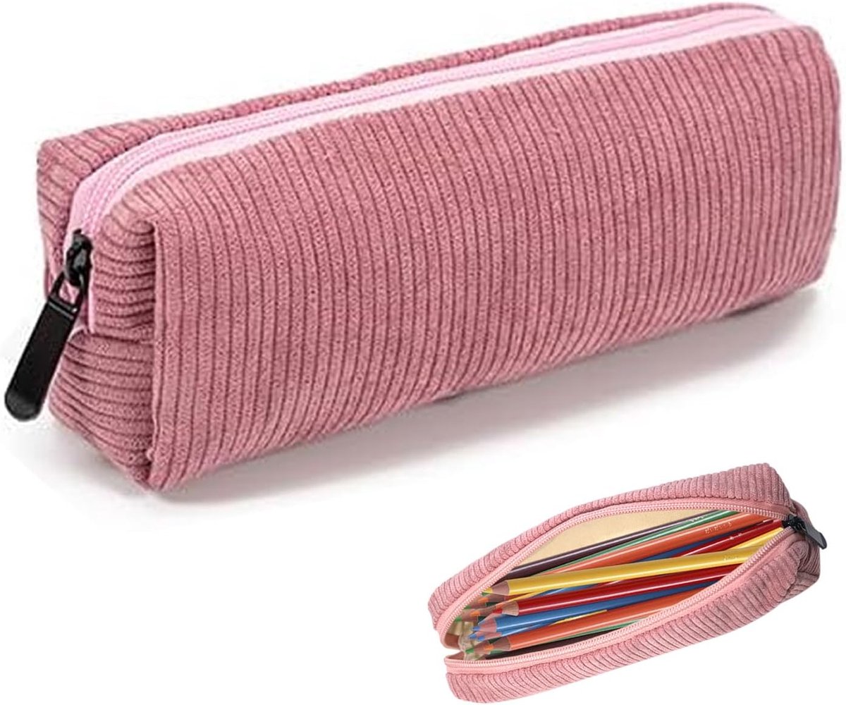 SnelShoppen - Beige Pennenhouder Aesthetic voor Meisjes - Kleine School Etui voor Tieners - Hoogwaardige Corduroy Materialen - Perfect voor Schoolgebr