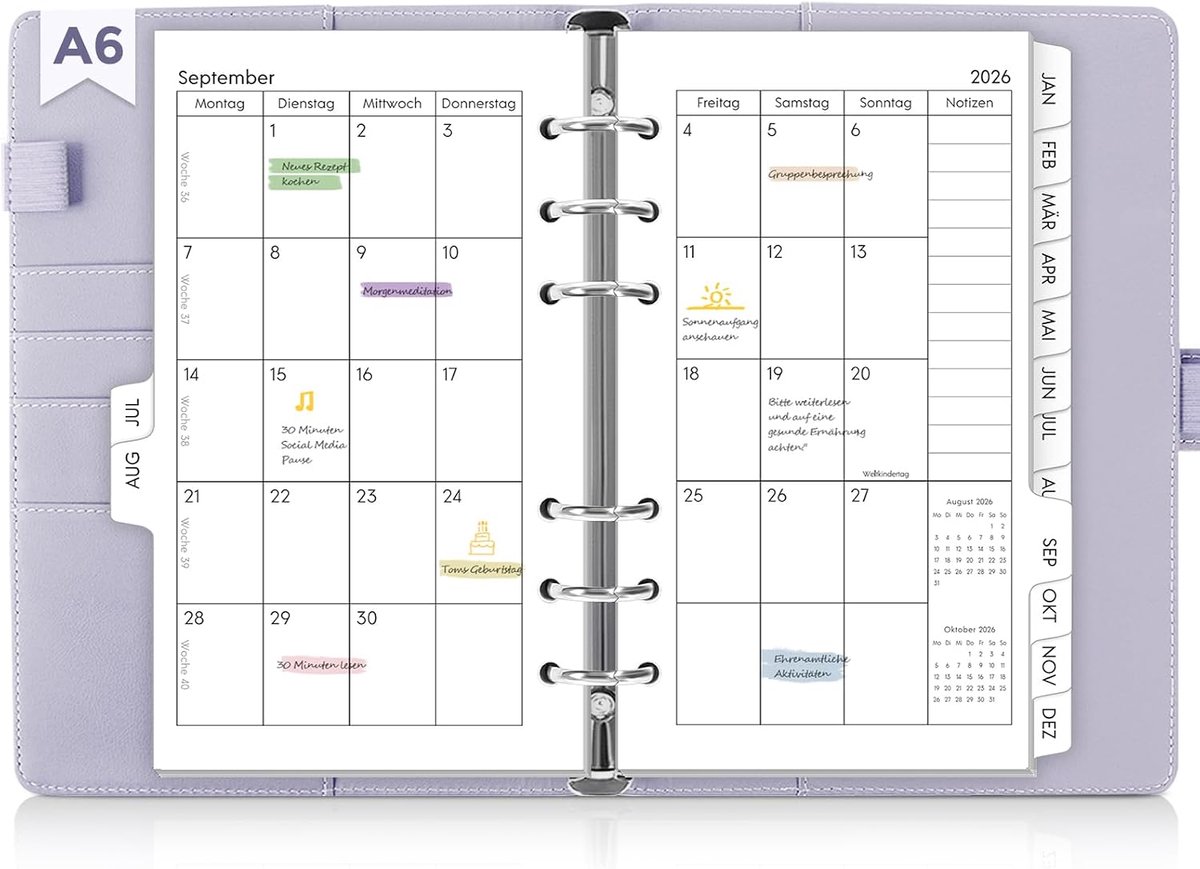 Thijox - NAVULBAAR A6 Kalender 2026-2027, Ringband Agenda, Perfect voor Scholieren en Beroepsbeoefenaars, Paars, Van Juli 2026 Tot December 2027