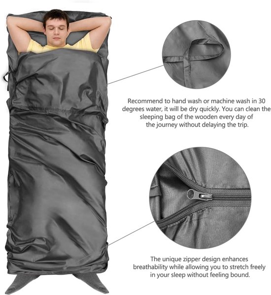SnelShoppen - Zacht bedlaken met kussensloop, ultralichte reislaken slaapzak voor camping, rugzakreizen, hotelgebruik, grijs, 220x80 cm, nylon, ademen van Snelshoppen — afbeelding 5