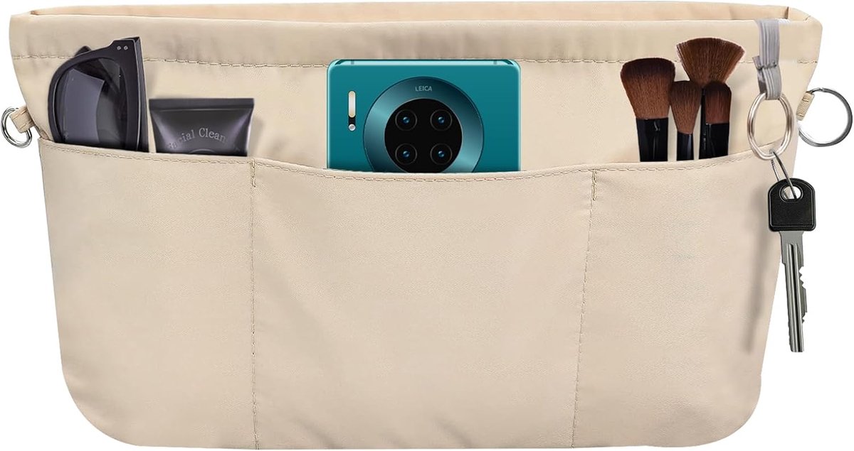 SnelShoppen - Handbag Organizer Nylon Beige - Multi-Pocket Bag Organizer - Compact Interieur Organizer met Sleutelhanger - Ideaal voor Handtassen, Sho