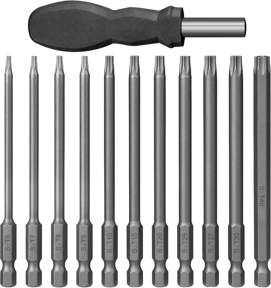 SnelShoppen - Torx Bit Set 12 Stuks T6-T40 100mm Magnetisch met Handvat | Lange 1/4 Inch Torx Schroefbits voor Boormachine, Accuschroevendraaier, Meub