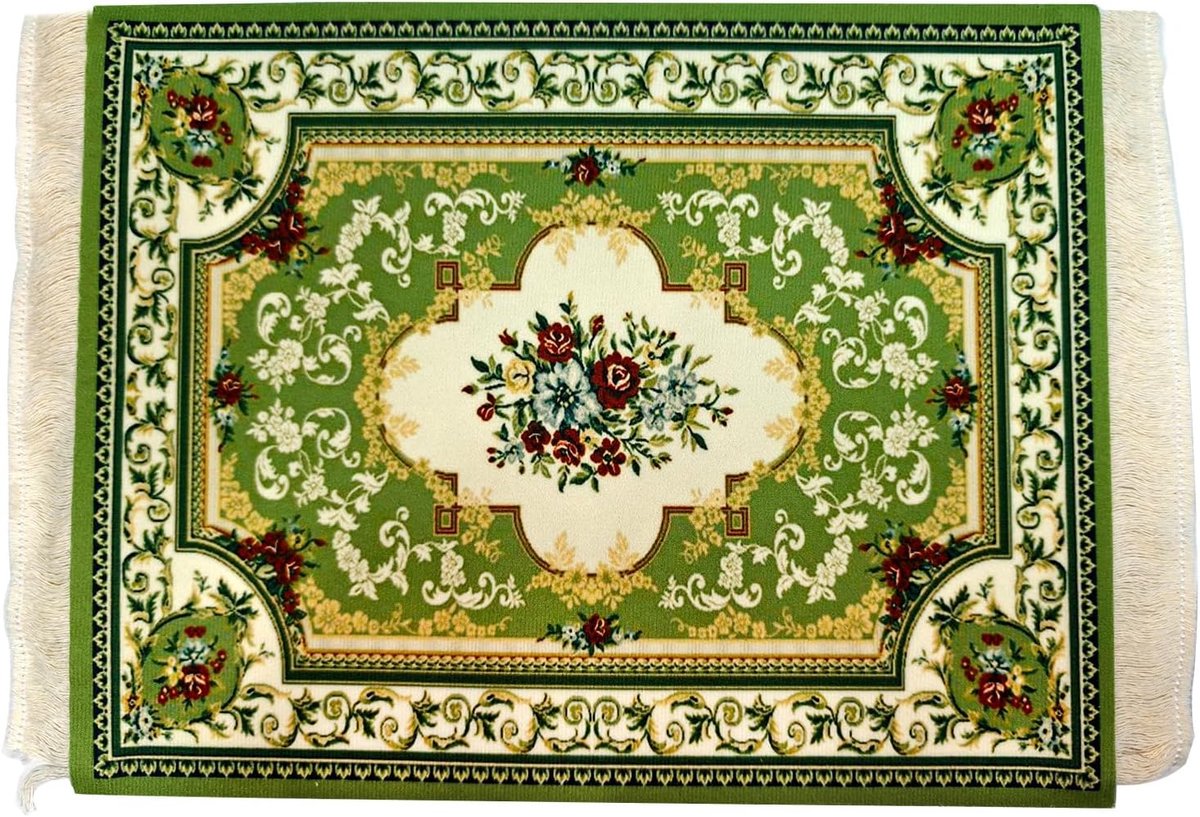 SnelShoppen - Creatieve Mini Tapijt Muismat met Oriëntaals Tapijtpatroon, Kleine Muismat van Textiel met Katoenen Kwastjes, 28 x 18 cm, Groene Kleur,