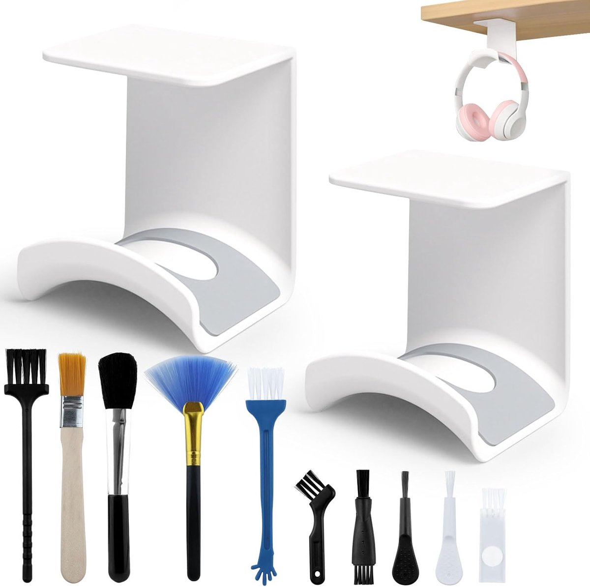 SnelShoppen - Pack van 2 Headset Houder voor Wand, Hoofdtelefoonhouder Wit met 10 Stuks Multi-Apparaat Schoonmaaktools, Ideaal voor Gaming en Thuisgeb