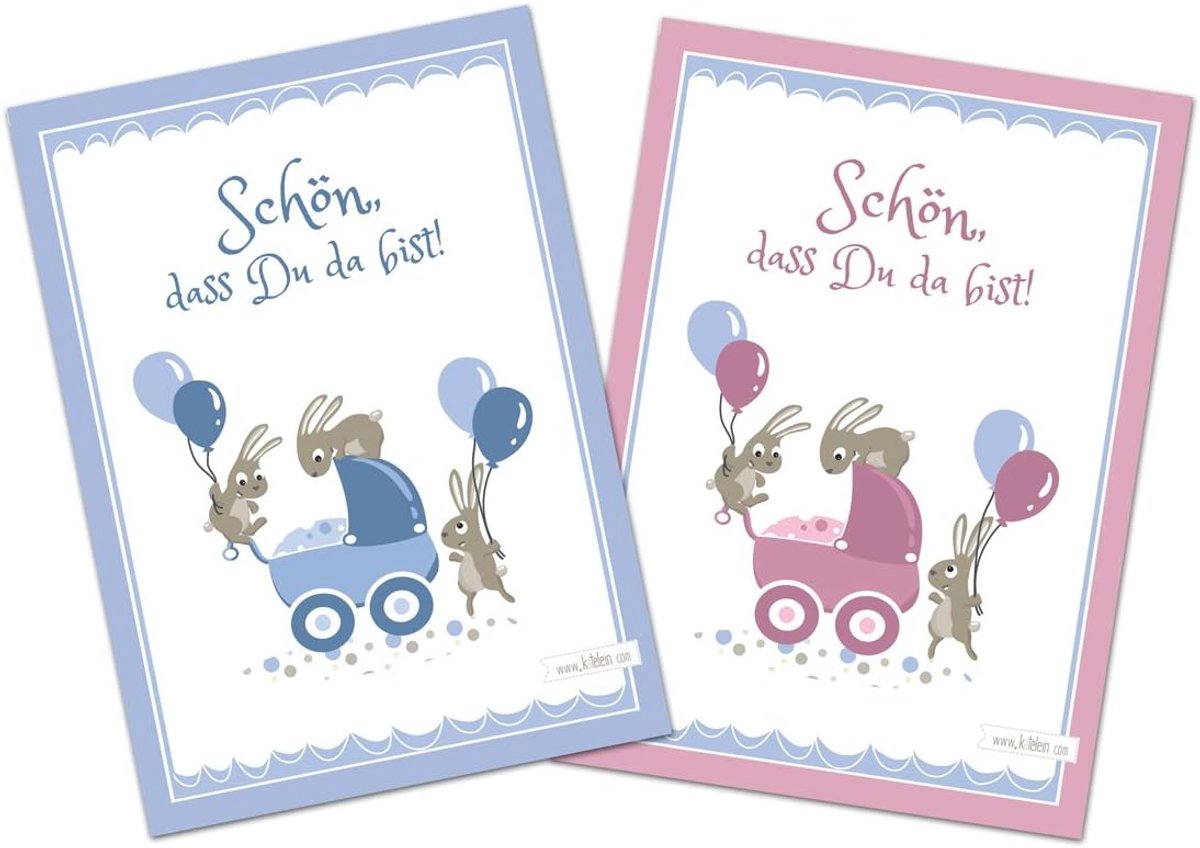 SnelShoppen - Geboortekaartjes Set - 10 Stuks - 5 Jongens + 5 Meisjes - Moderne Illustraties - Stork - Blauw & Roze - Postcards voor Baby Congratulati