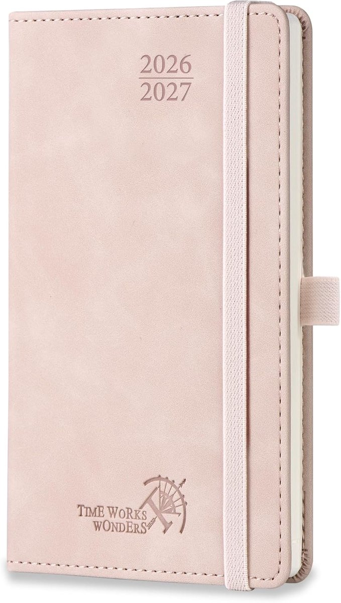 SnelShoppen - Pocket Agenda 2026-2027 - Weekly Planner 16.5 x 9 cm - Denim PU Leer - Lichtroze - 17 Maanden - Perfect voor Studenten en Dagelijks Gebr