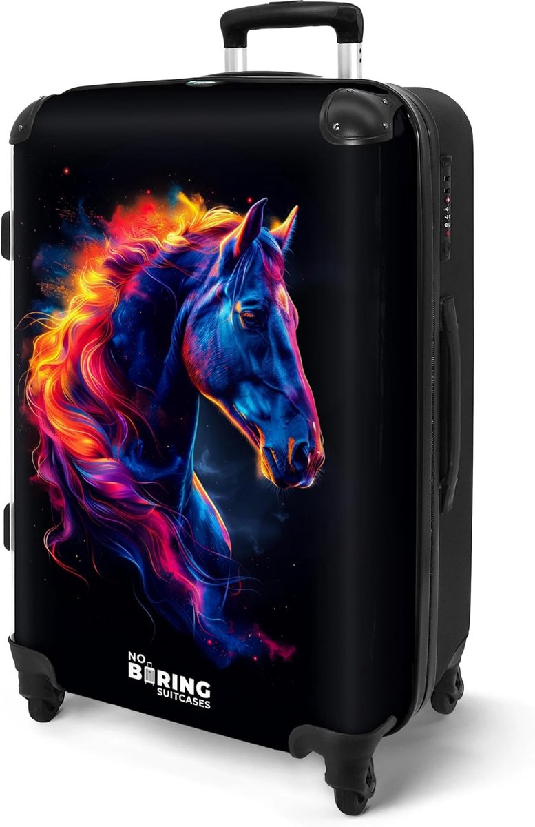 SnelShoppen - Kinderkoffer 67 cm, Lichtgewicht Reiskoffer voor Kinderen, 72L Capaciteit, Paard met Vurig Vacht, Ideaal voor Vakantie en Reis