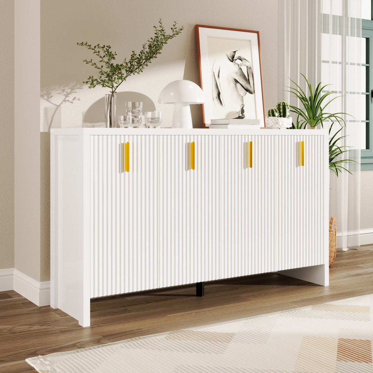 Wishdor - Dressoir - 4 deuren met verstelbare planken - modern minimalistisch - woonkamer opberger - houtlook - wit met gouden handgrepen - 140 x 38 x 80 cm