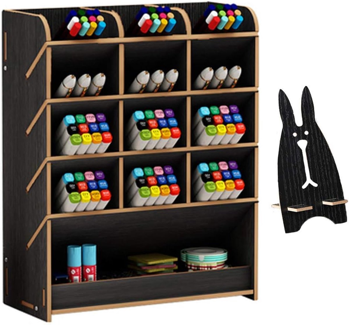SnelShoppen - Houten Bureau Organizer Multifunctionele Desktop Stationery Pennenhouder Thuis Kantoor Box School Benodigdheden Opslagrek met Lade (Zwar