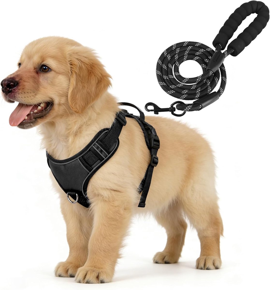 SnelShoppen - Hondentuigje voor Kleine Honden - No Pull Verstelbaar Borstharnas met Handvat - Ademend en Reflecterende Strepen - Zwart, Maat S - Inclu