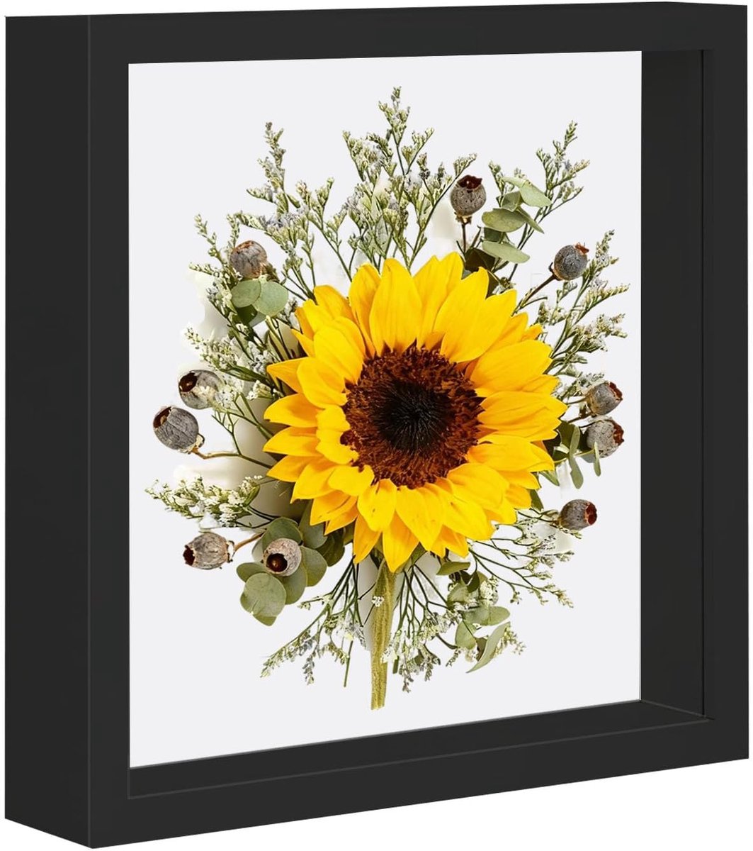 SnelShoppen - Diepe Foto lijst 25x25 cm - 3D Objecten Lijst - Zwart Houten Fotolijst met Acryl Front - Staand en Hangend voor Wand en Bureau - Voor Ku