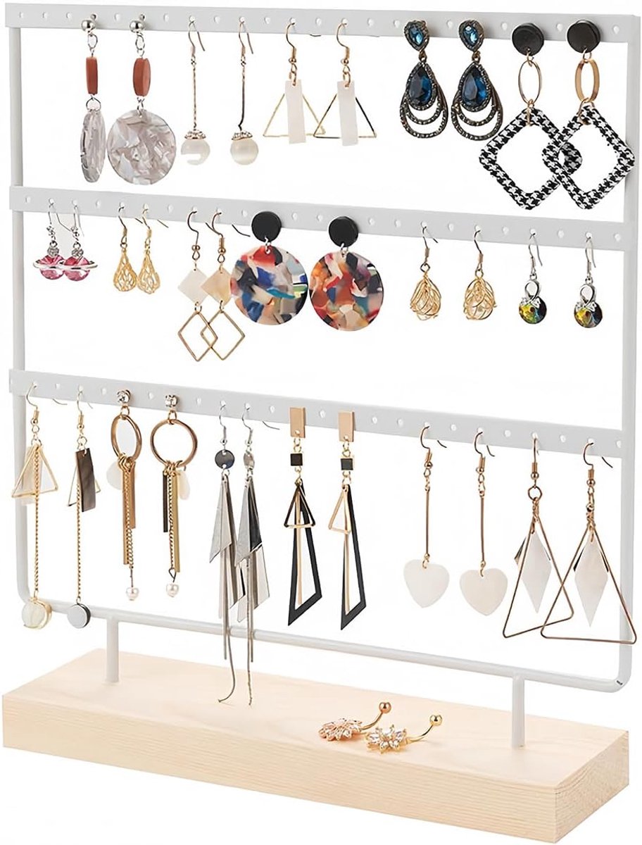 SnelShoppen - Earring Organizer Display Stand met 60 Gaten, 3 Laags Sieradenhouder van Hout en Ijzer, Earring Stand voor Hangen van Oorbellen - Wit