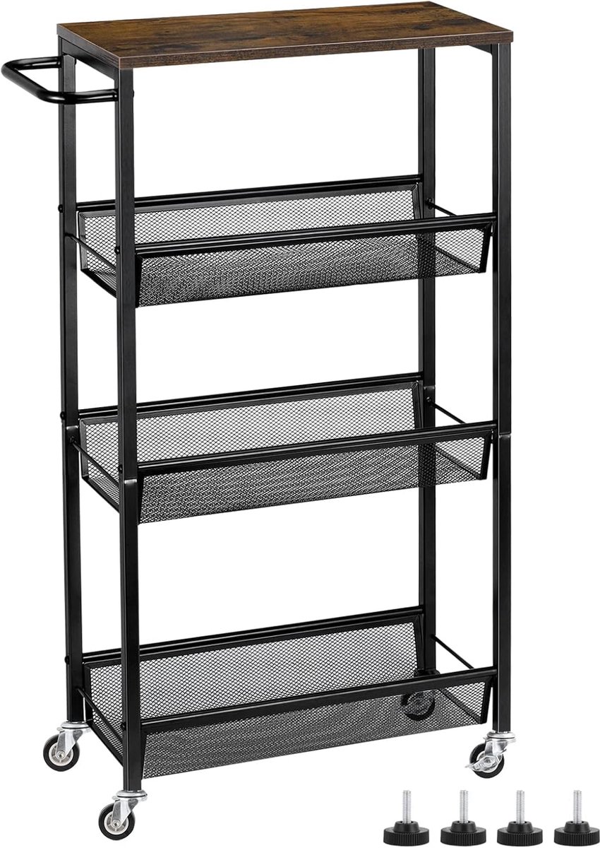 SnelShoppen - Sleek 4 Tier Opberg Trolley met Wielen en Houten Plateau - Mobiele Opslagwagen voor Badkamer, Wasruimte, 42 x 18.5 x 80.5 cm