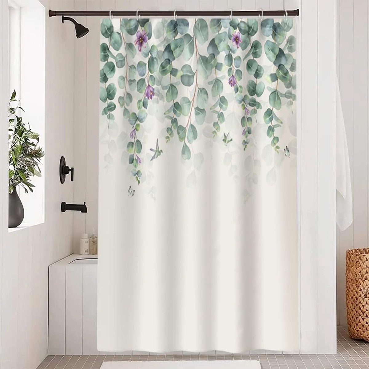 SnelShoppen - Douchegordijn Eucalyptus Groene Bladeren Paarse Bloemen 90 x 180 cm - Waterdicht, Antimould, Polyester, Wasbaar, Opaak, Inclusief Haakje
