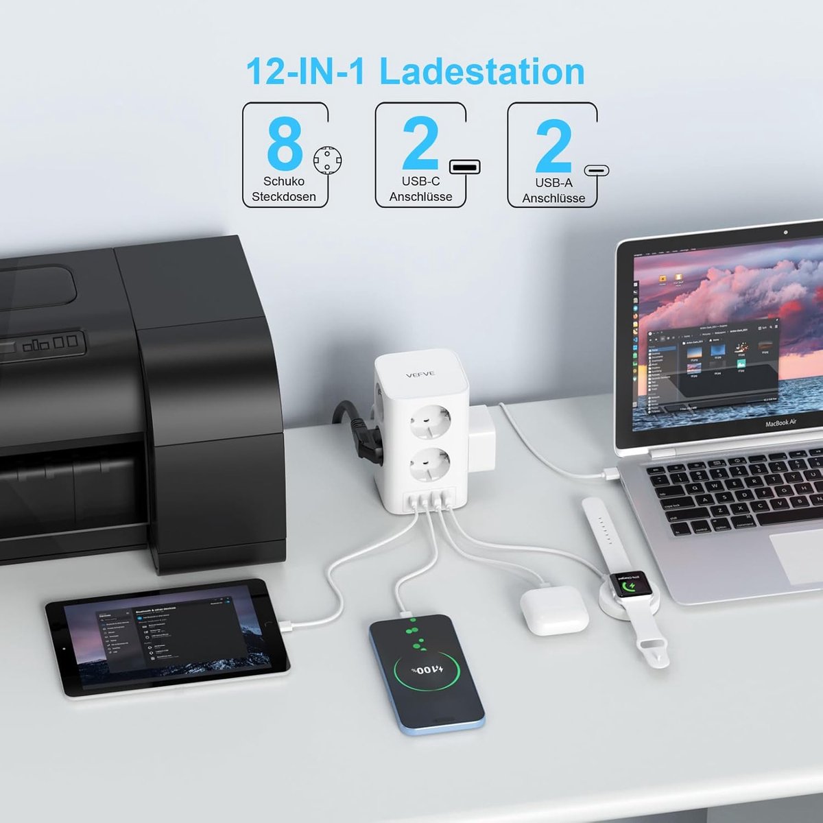 SnelShoppen - 12-in-1 Power Strip Tower met 8 Stopcontacten, 4 USB Poorten, 30W GaN Snellader, 4000W 16A, Wit, Ideaal voor Thuis en Kantoor