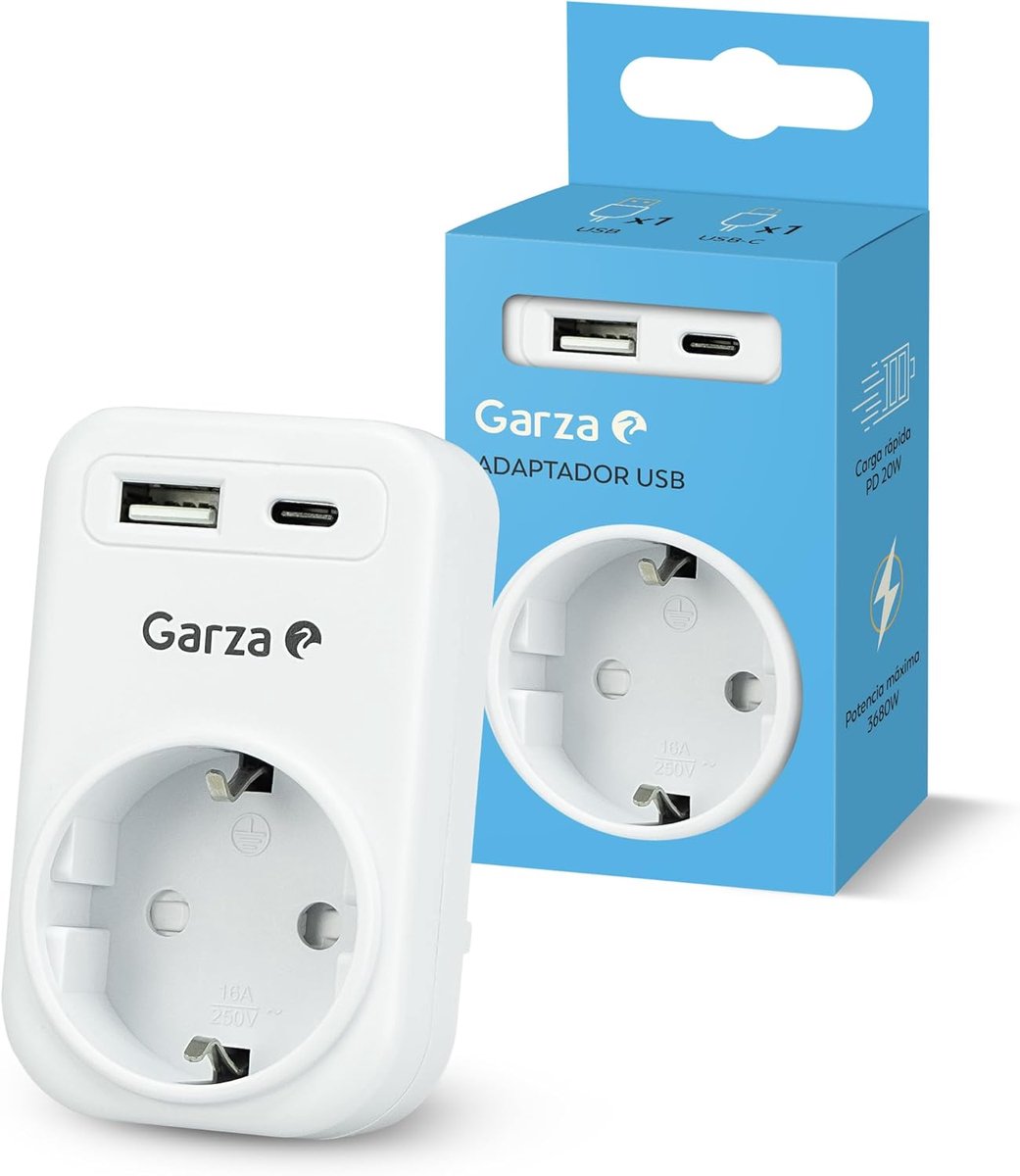 SnelShoppen - 3-in-1 Stekkeradapter met 1 Schuko Stopcontact, 1 USB-A QC3.0 en 1 USB-C PD20W, Snelladen 20W, Kindveilig, 3680W Capaciteit, Draagbaar e