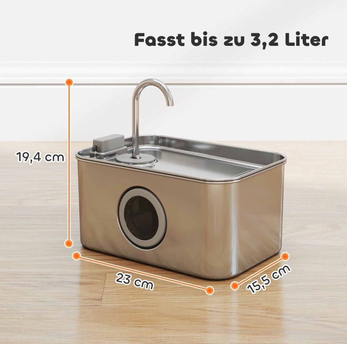 DESMIU Drinkfontein – 3,2 L Met Stille Pomp En Filter – 26,5 x 19,2 x 15,0 cm – RVS – Zilver – Voor Katten – Met Kijkvenster En Blauw Lampje