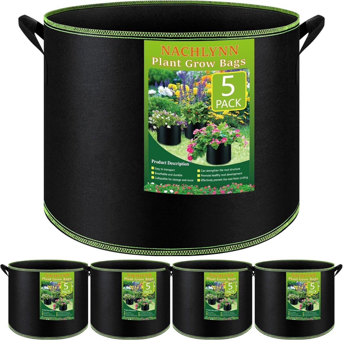 SnelShoppen - 5 Pack 7 Gallon Grow Bags - Dikke Nonwoven Tuinpotten met Handvatten voor Gezonde Planten, Tuinieren, Fruit en Bloemen - 35L Aeriërende