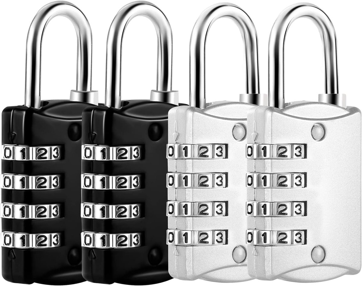 SnelShoppen - 4Pcs Combinatieslot 4 Digit Small Padlock - Ideaal voor Rugzakken, Lockers, Gymscholen - Zilver en Zwart, Compact en Lichtgewicht