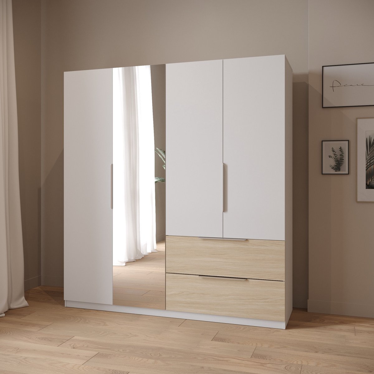 CBA MERYL kledingkast - 4 deuren - 2 laden - 2 kledingroedes - 4 legplanken - Wit met lichte eik - 179 x 52 x 193 cm