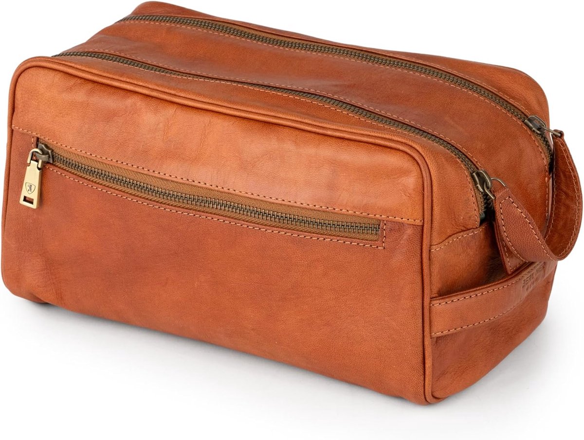 Thijox - Vintage Echt Leer Toilettas Tim voor Heren en Dames - Grote Capaciteit Cosmetica Tas voor Reizen in Bruin - Ruim Hoofdvak met Ritssluiting en