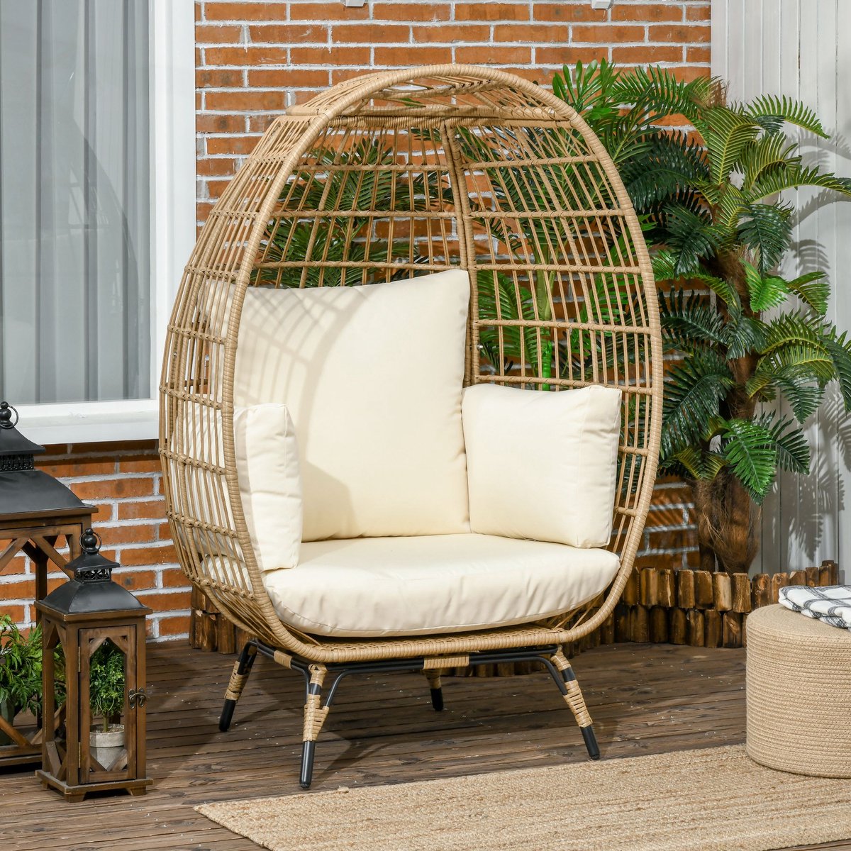 FloraGrace Fauteuil 105 x 90 x 148 cm - Ovale Rotan Tuinstoel Met 12 cm Kussens En Verstel