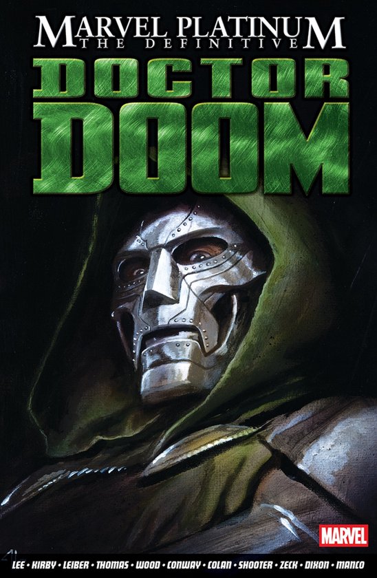 Marvel Platinum: The Definitive Doctor Doom. Een comicboek met een close-up van Doctor Doom in zijn groene kap en zilveren masker.