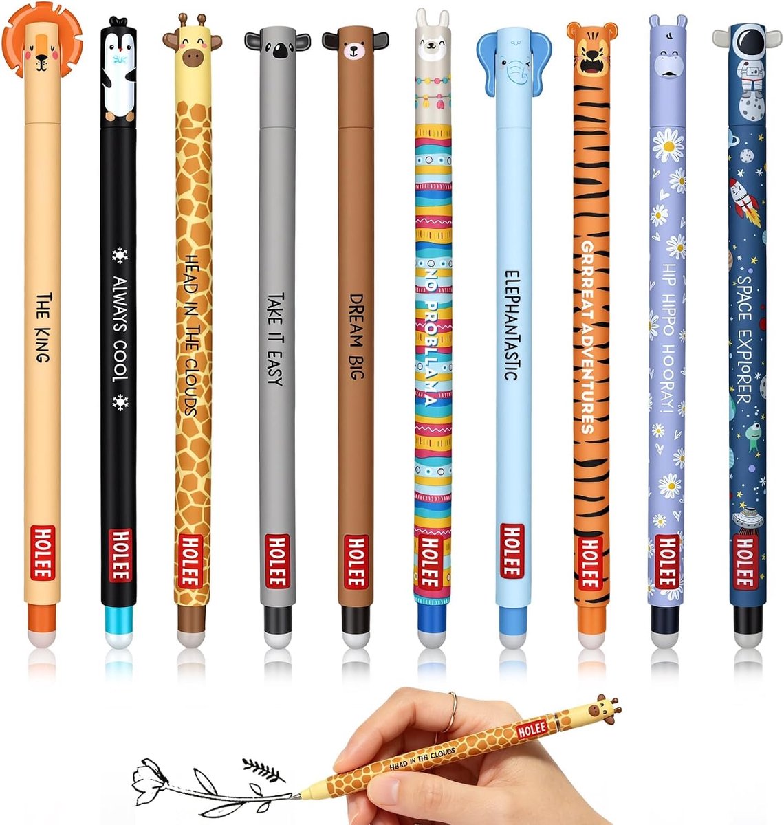 Thijox - Uitwisbare Gelpen Set van 10 - Rollerbalpennen met Diermotieven - 0,7 mm Wrijvingspennen voor School en Kantoor - Ergonomische Balpen met Gum