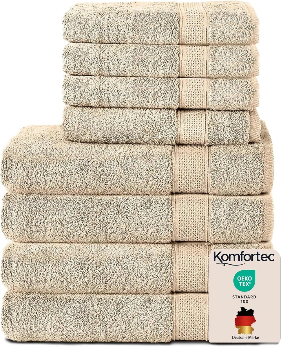SnelShoppen - Komfortec Handdoekenset – Set van 8 - 4x Handdoek 50x100 cm en 4x Badhanddoek 70x140 cm - 100% Katoen - Beige - Luxe Badtextiel voor Thu