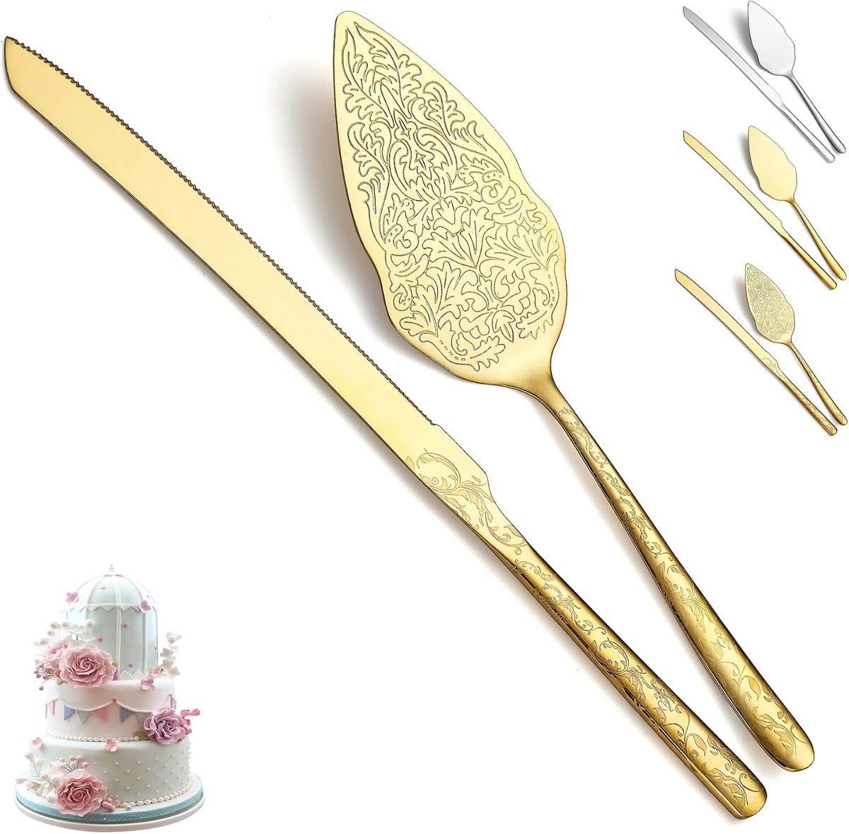 SnelShoppen - 2-Delige Gouden Taartlepel Set, Titanium Goud Coating, Uniek Patroon, RVS Taartmes en Server voor Bruiloft, Feest, Verjaardag, Vaatwasse